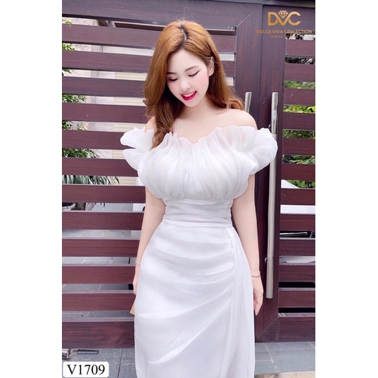 V1709 váy body trễ vai màu trắng