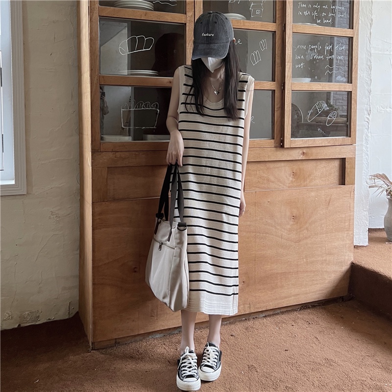 Đầm IELGY dệt kim dáng dài họa tiết kẻ sọc thời trang Pháp dành cho nữ