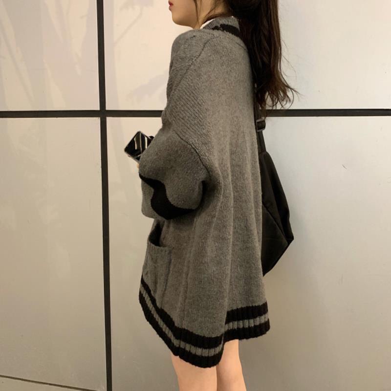 Áo khoác cardigan len dệt kim tay dài dáng rộng phong cách Hàn Quốc