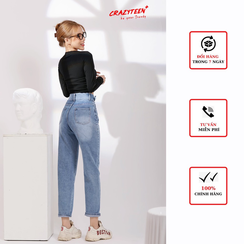 Quần jeans baggy nữ CRAZYTEEN phối nút khoen K0180