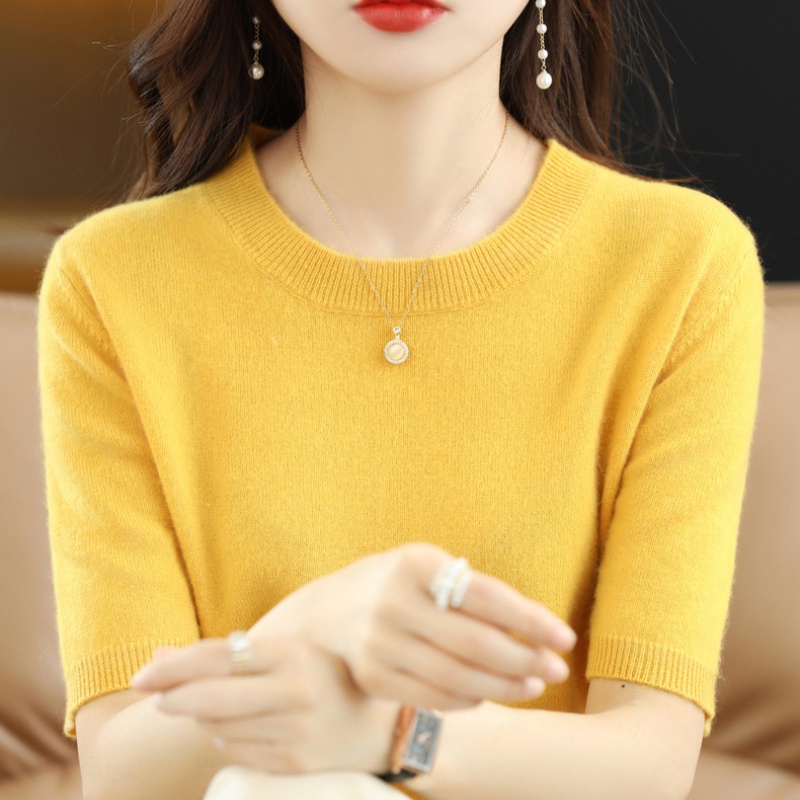 Áo Thun Dệt Kim Tay Ngắn Cổ Tròn Màu Trơn Thời Trang Mùa Hè Cho Nữ