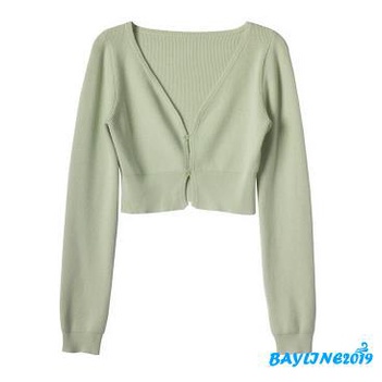 Áo croptop dệt kim tay dài cổ chữ v màu sắc đơn giản cho nữ