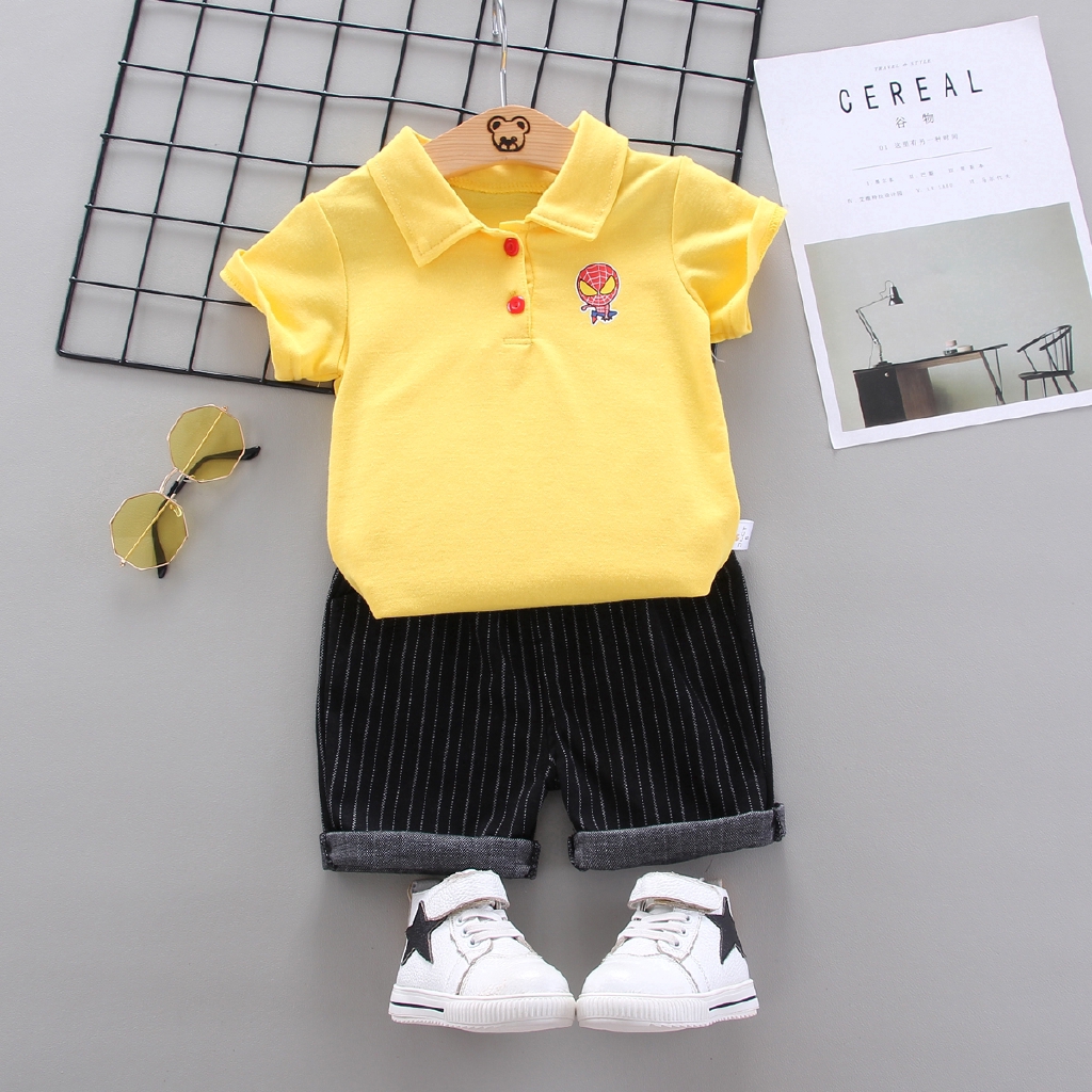 Summer 0-5 years old fashion cotton men's polo lapel shirt + shorts two-piece suit