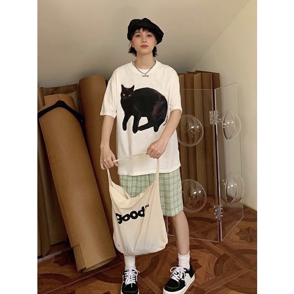 Áo phông unisex Black Cat phong cach Hàn Quốc màu trắng - A024