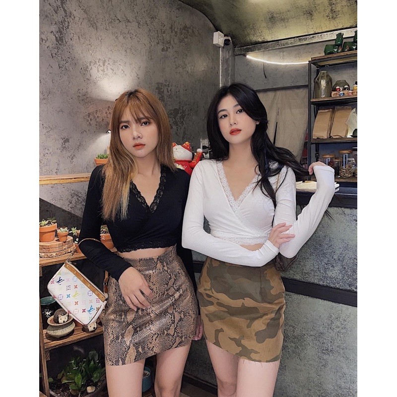 ÁO TAY DÀI VIỀN REN THẮT NƠ EO Siêu HOTJANE CROPTOP