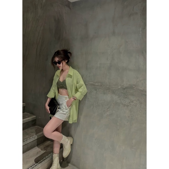 SET ÁO SƠ MI XANH + ÁO CROPTOP XANH 2 DÂY + QUẦN SHORT