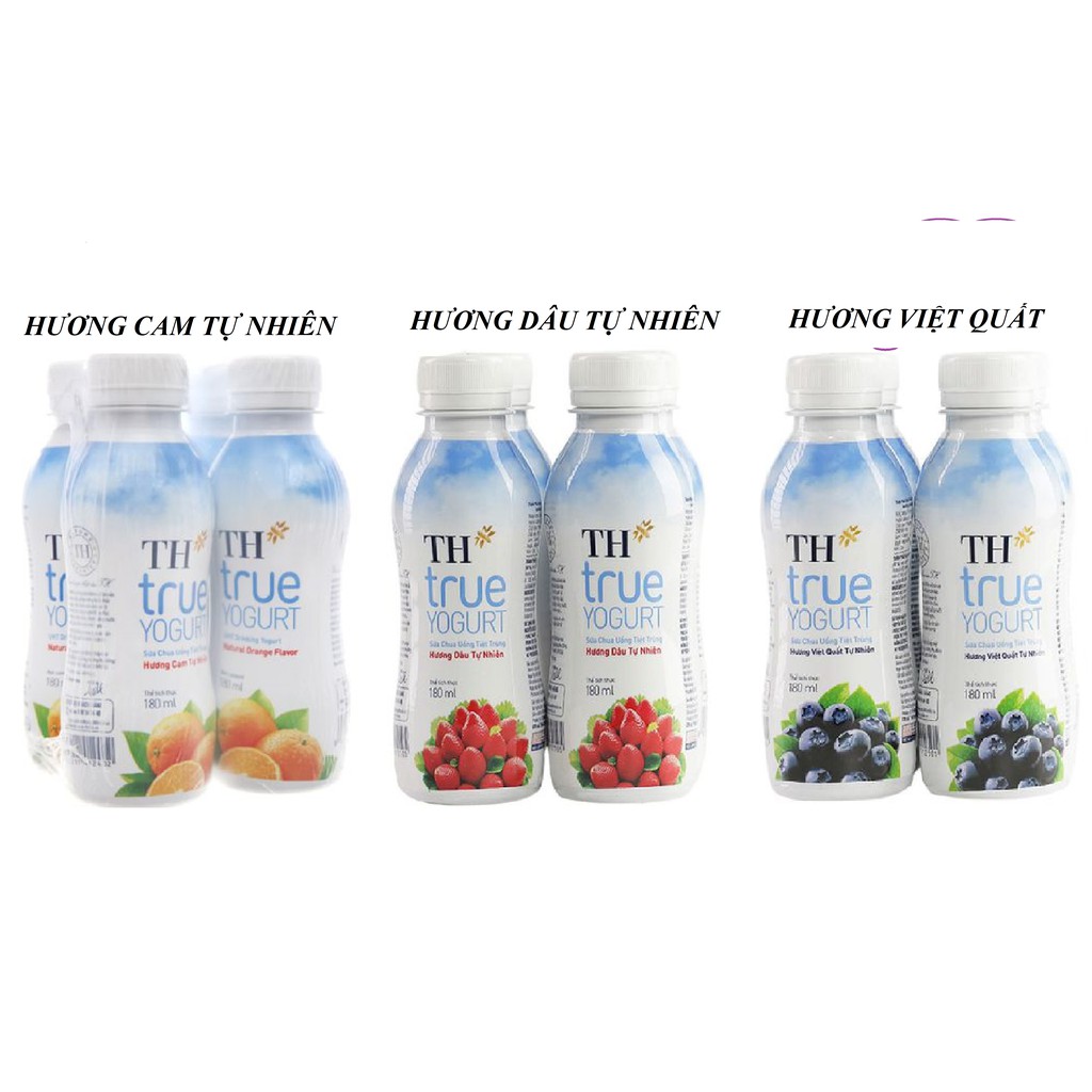 TH*true YOGURT Thùng 48 chai 180ml Sữa chua uống tiệt trùng hương CAM, DÂU, VIỆT QUẤT