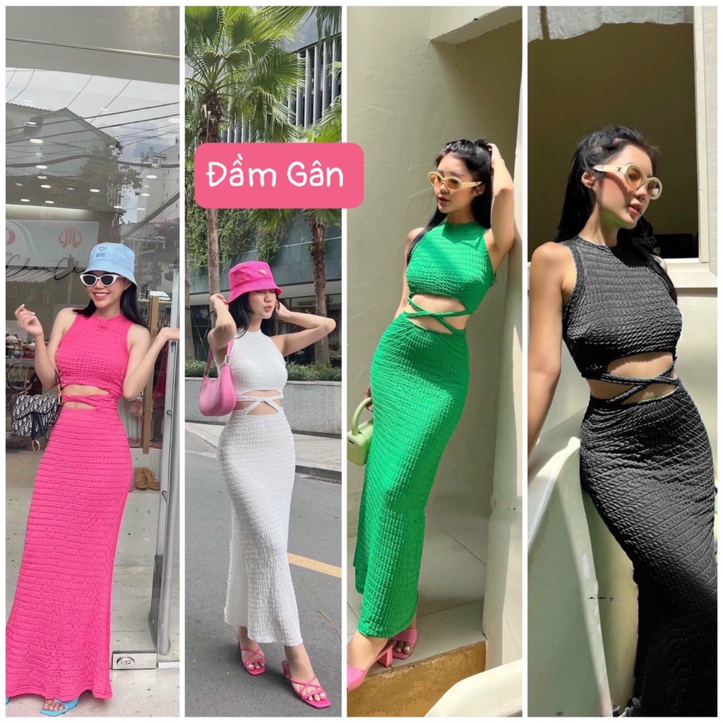 Đầm body midi dáng dài thun gân cổ tròn ba lỗ sát nách phối khoét eo đan dây sexy