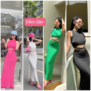 Đầm ba lỗ dáng dài chất thun gân thun xốp mềm đan chéo dây bụng l