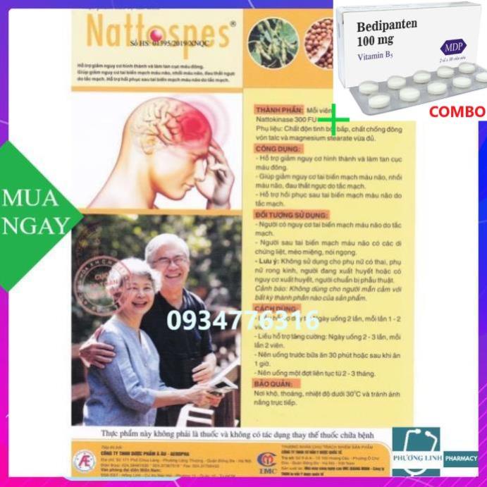 Combo Bedipanten 100mg +  [CHÍNH HÃNG MUA 1 TẶNG 1* ] Nattospes - Hộp 180 Viên - Tai Biến Mạch Máu Não