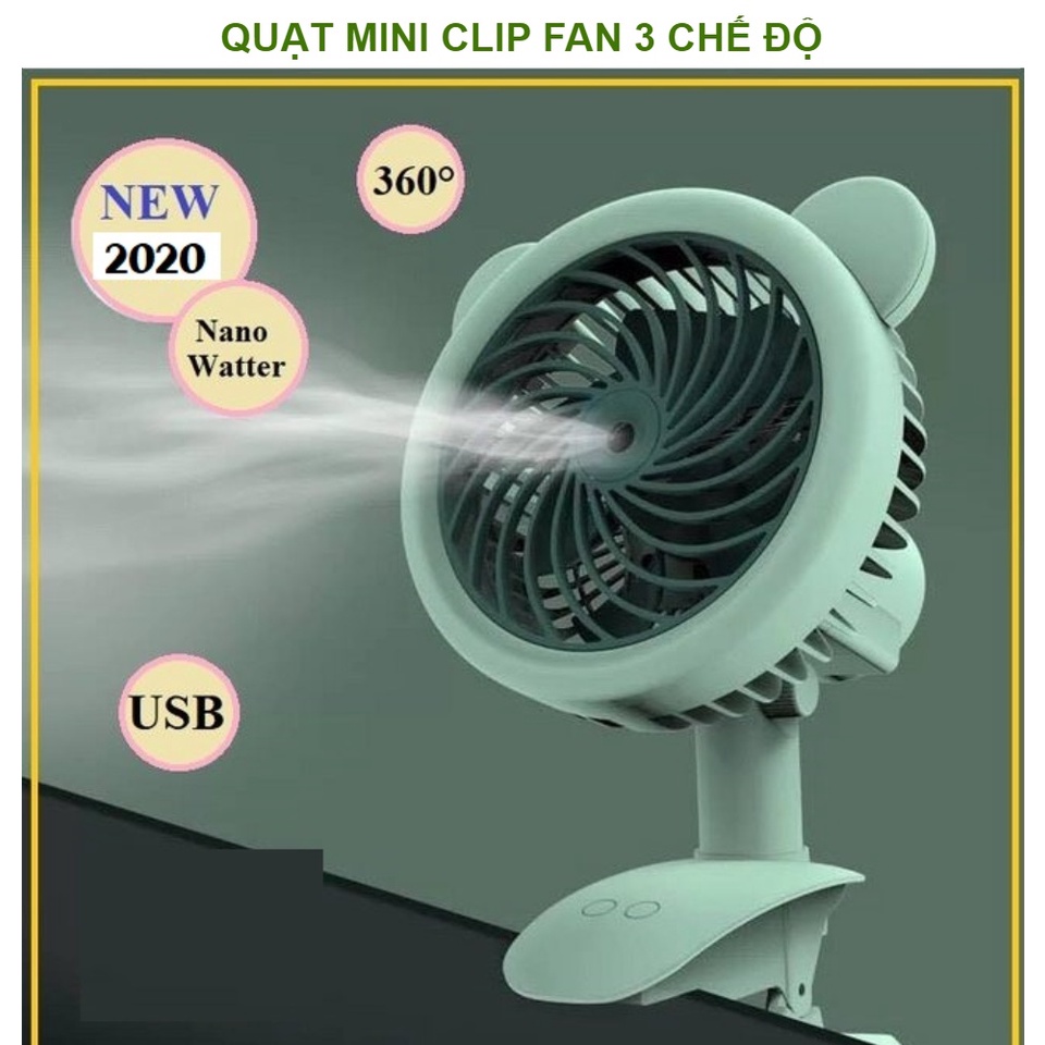 Quạt mini tích điện phun sương kẹp bàn 3 tốc độ Clip Fan cổng sạc USB, xoay 360 độ tiện lợi