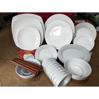 bộ bát đĩa sứ trắng tổng 23 món