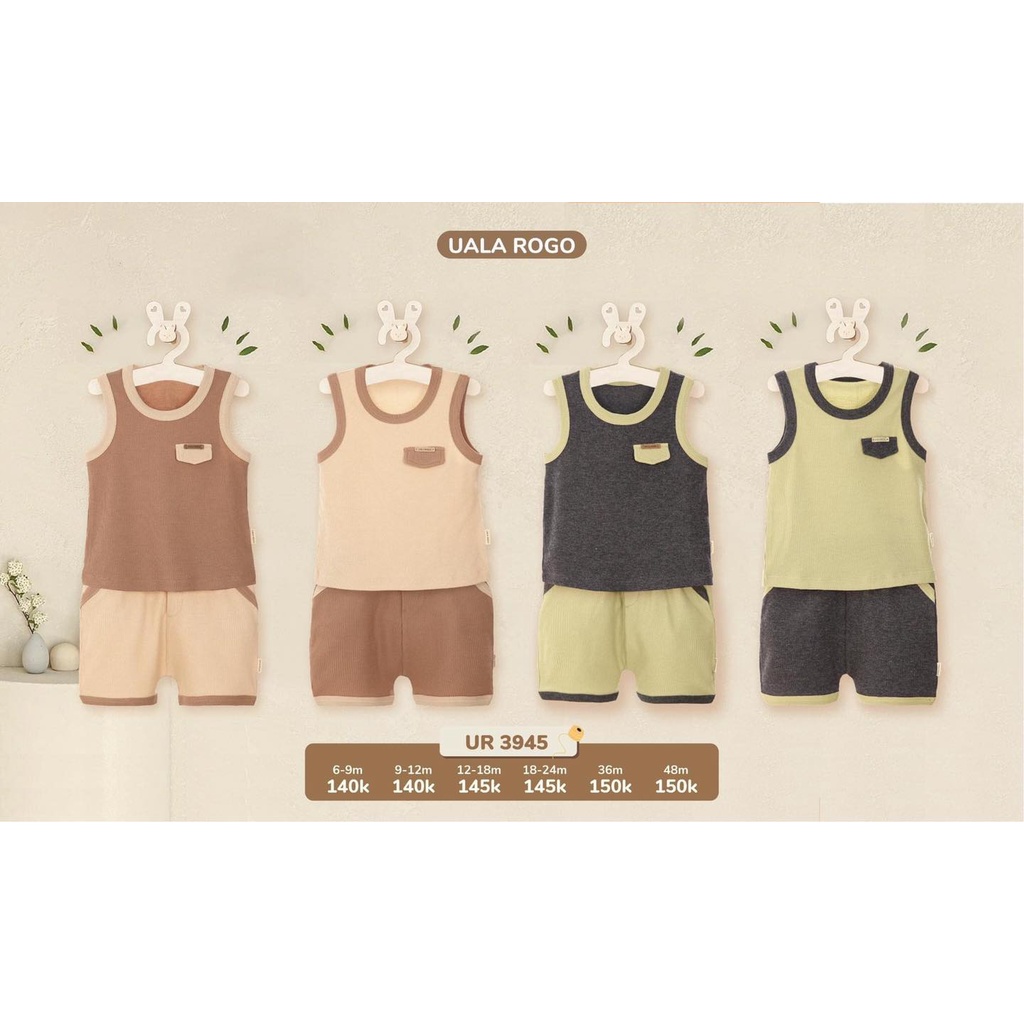Bộ ba lỗ Uala Rogo chất vải Cotton Hàn Quốc cao cấp mềm mịn thấm hút tốt trơn gân có túi ốp ngực cho bé trai bé gái 3945