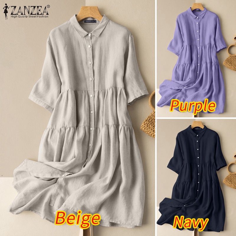 Đầm midi chữ A ZANZEA tay ngắn màu trơn có nút cài thời trang cho nữ