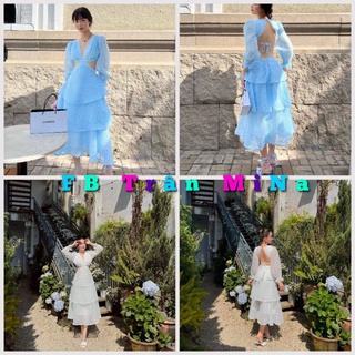 Đầm maxi xanh bi khoét eo