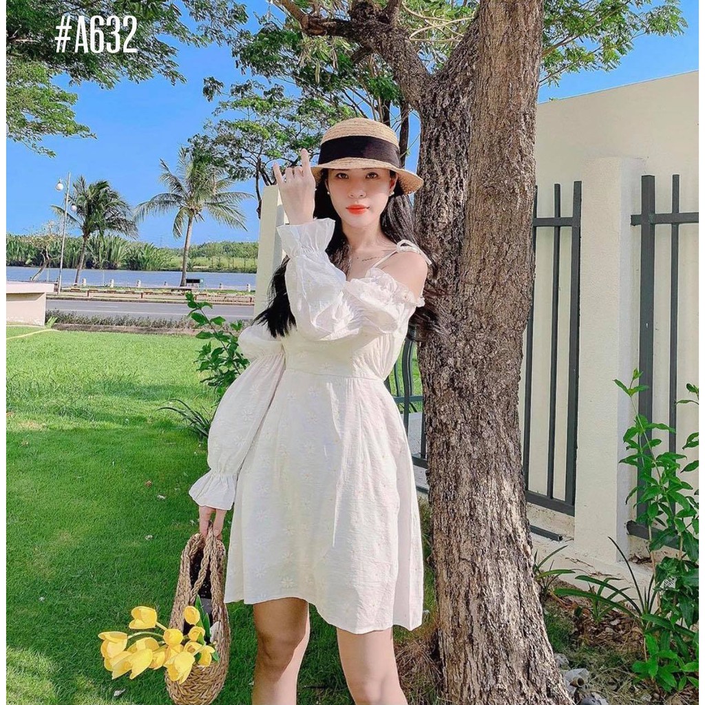 Đầm trễ vai cute in hoa cúc nổi cột nơ vai nữ tính [KÈM ẢNH THẬT]