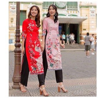 Áo Dài Cách Tân Nữ Cổ Tròn Tay Lỡ Chất Gấm Lụa, Áo Dài Tết Truyền Thống, Co Giãn In Họa Tiết Con Công, Form Tôn Dáng