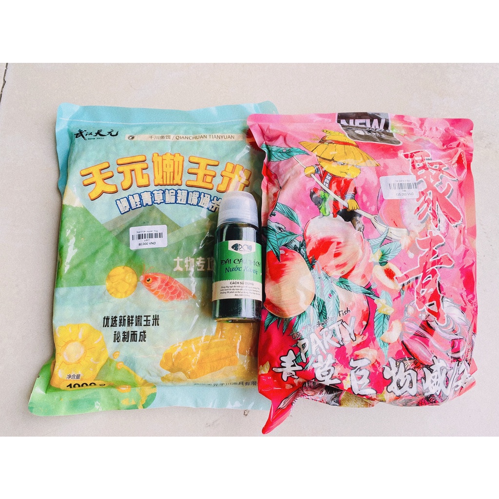 Combo mồi câu trắm trắng gồm 3 món đài câu thích - dahe vị đào - nước xanh - ngô thiên xuyên