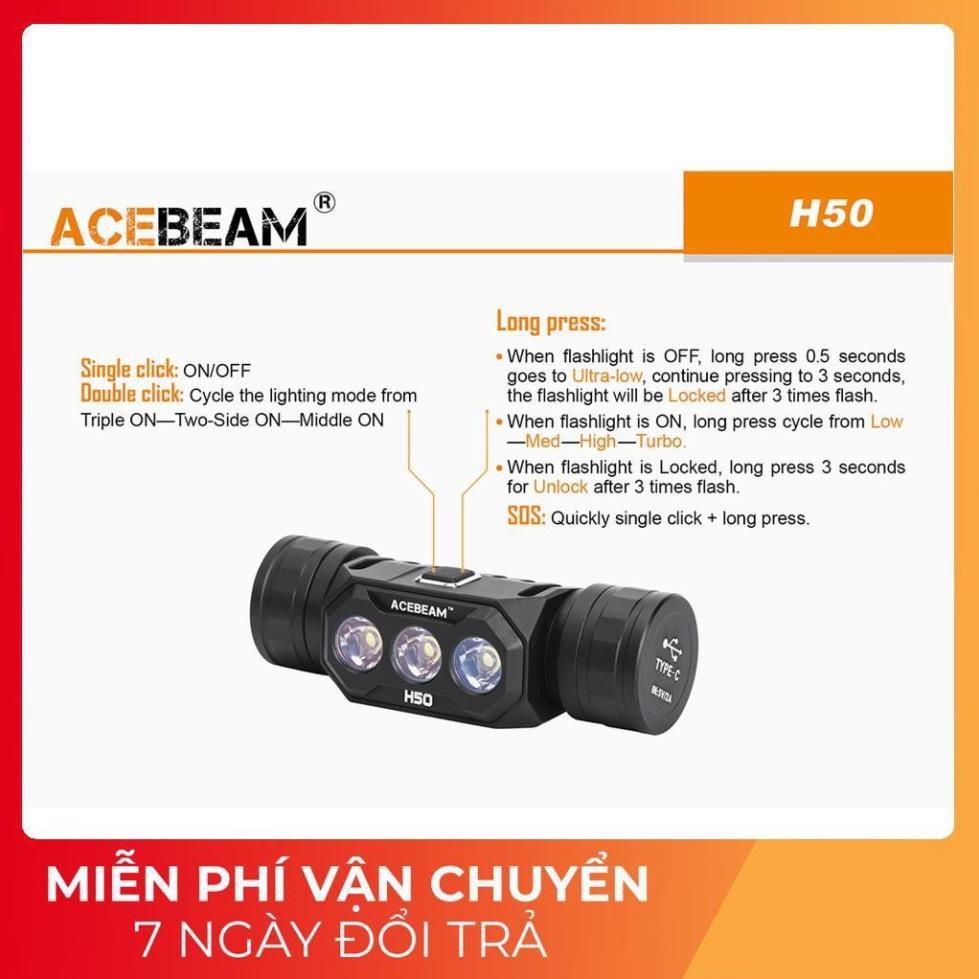 [PHIÊN BẢN FULL MỚI NHẤT 2020] Đèn pin và đèn sạc đeo đầu đội đầu ACEBEAM H50 sáng 2000 lumen xa 137 m