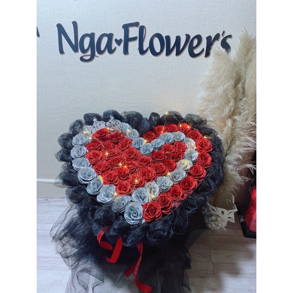 Bó Hoa 50 Bông Trái Tim Mix Ren ( Full Phụ kiện)
