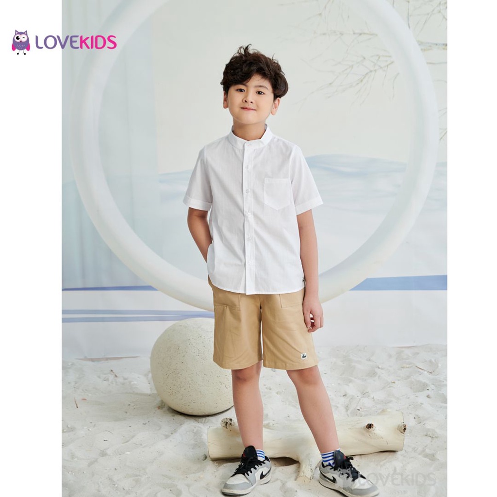 Áo sơ mi Lovekids cổ trụ cộc tay bé trai, 100% cotton cao cấp, thấm hút mồ hôi tốt, size từ 8 - 14 tuổi