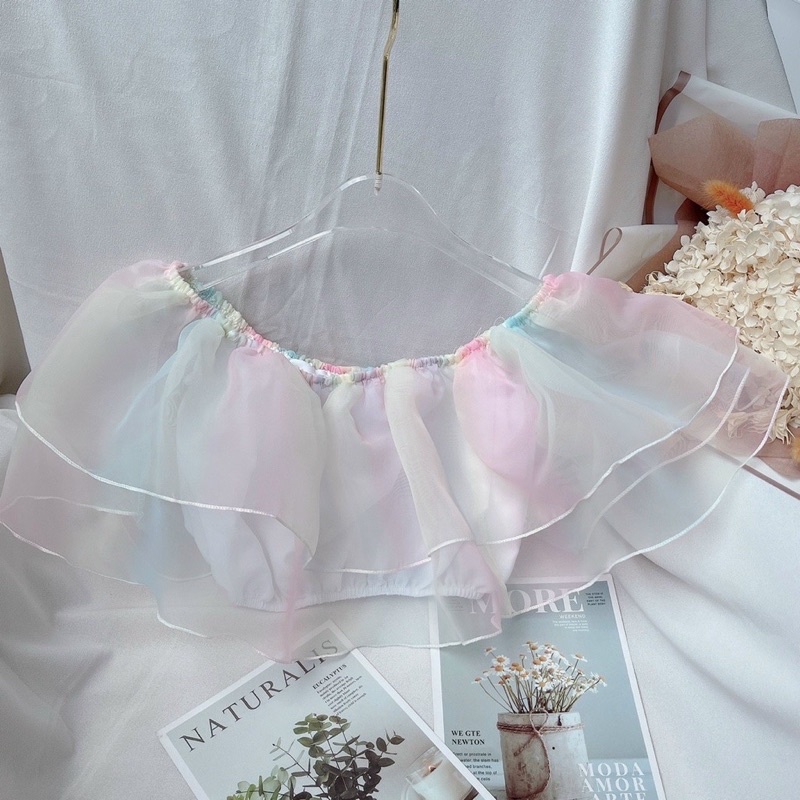 Áo bảy màu đi biển bẹt vai dáng ngắn