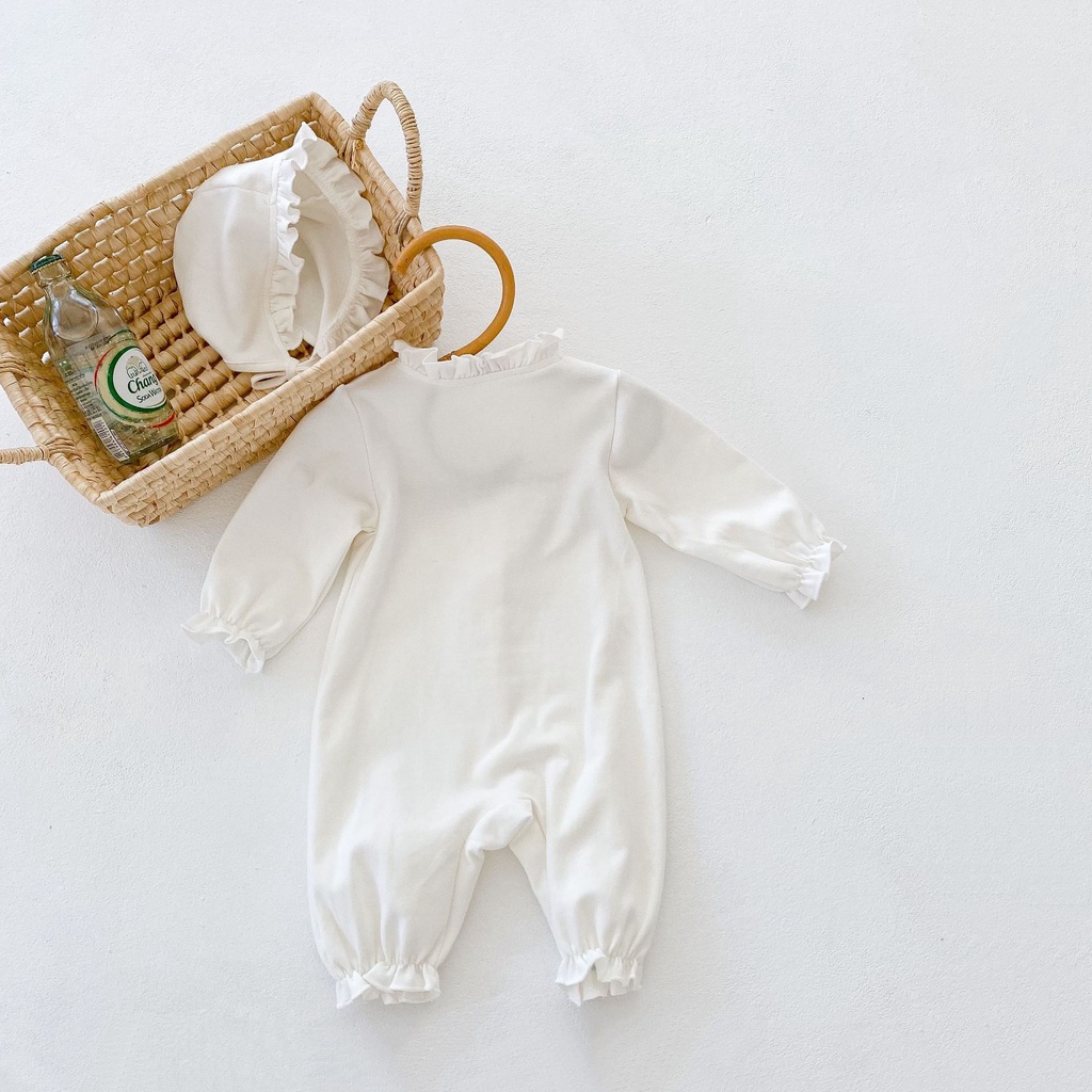 Bộ Áo Liền Quần Tay Dài Phối Ren Cổ Bèo Dễ Thương Cho Bé Gái Sơ Sinh Ins2021