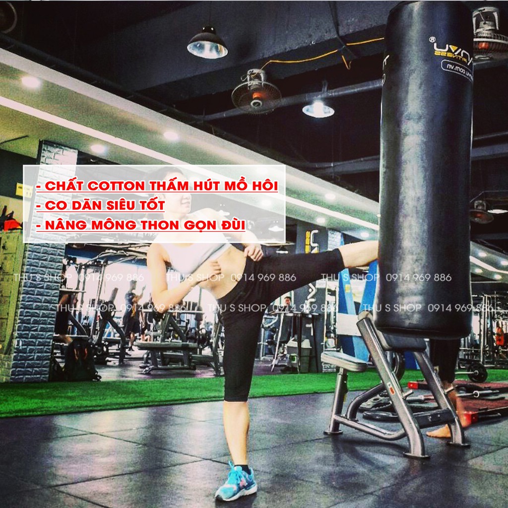 Quần Legging lửng nữ, Quần Biker ôm tập gym nâng mông COTTON co dãn siêu tốt