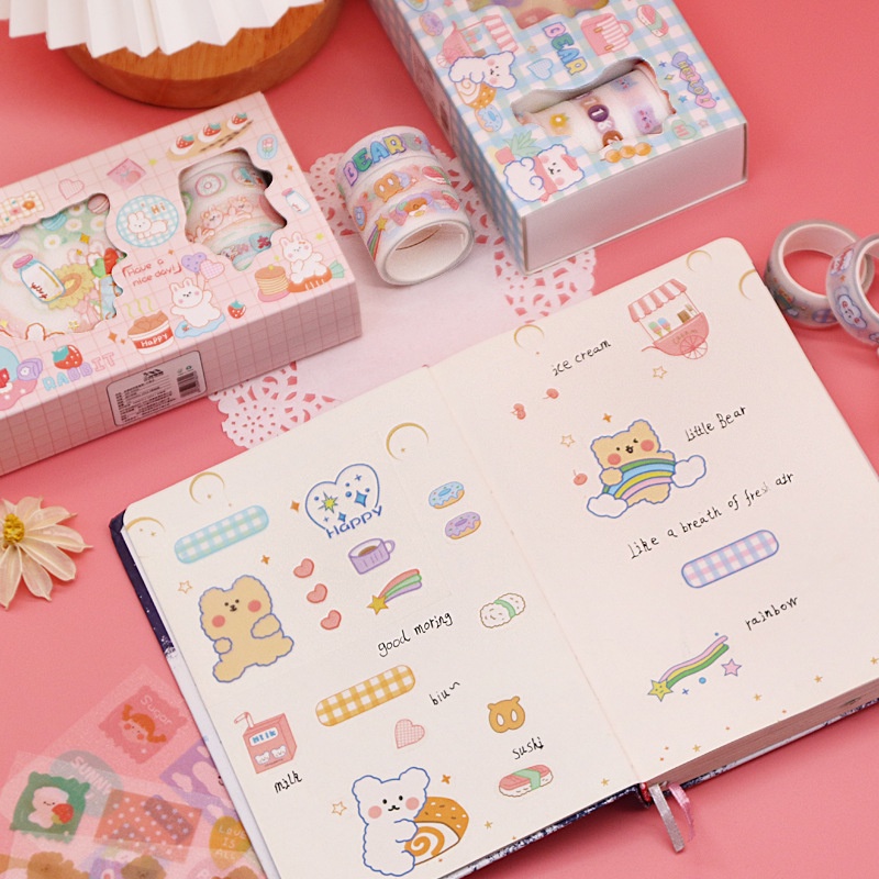 Hộp 5 cuộn washi tape + 9 tờ sticker Băng dính washi tape nhiều hình cute dễ thương CREAMY WST130