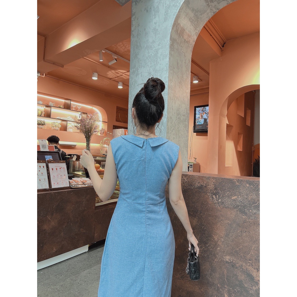 Đầm tiểu thư phối nút hai túi dễ thương màu xanh hồng