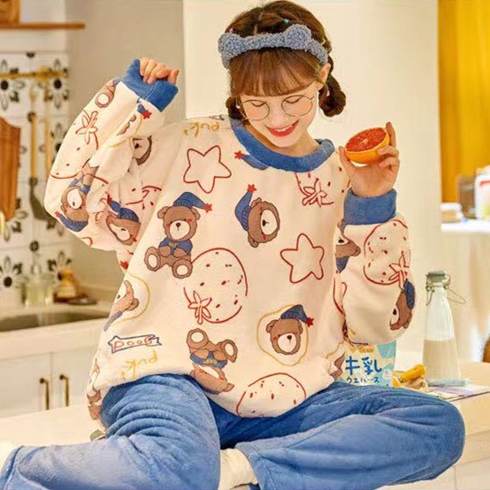 Bộ Đồ Ngủ Dài Tay Bằng Flannel Thời Trang Mùa Đông Hàn Quốc Dành Cho Nữ La069