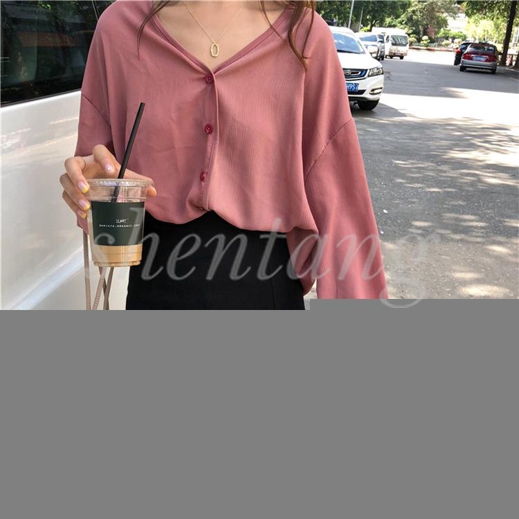 Áo sơ mi nữ màu trơn tay dài cổ chữ V dáng rộng phong cách Hàn Quốc