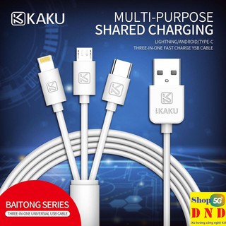Cáp sạc nhanh KAKU 3 đầu trong 1 sợi cáp chính hãng, KSC-237, sạc cùng lần 3 máy khác nhau cáp dài 1M bảo hành 12 tháng,