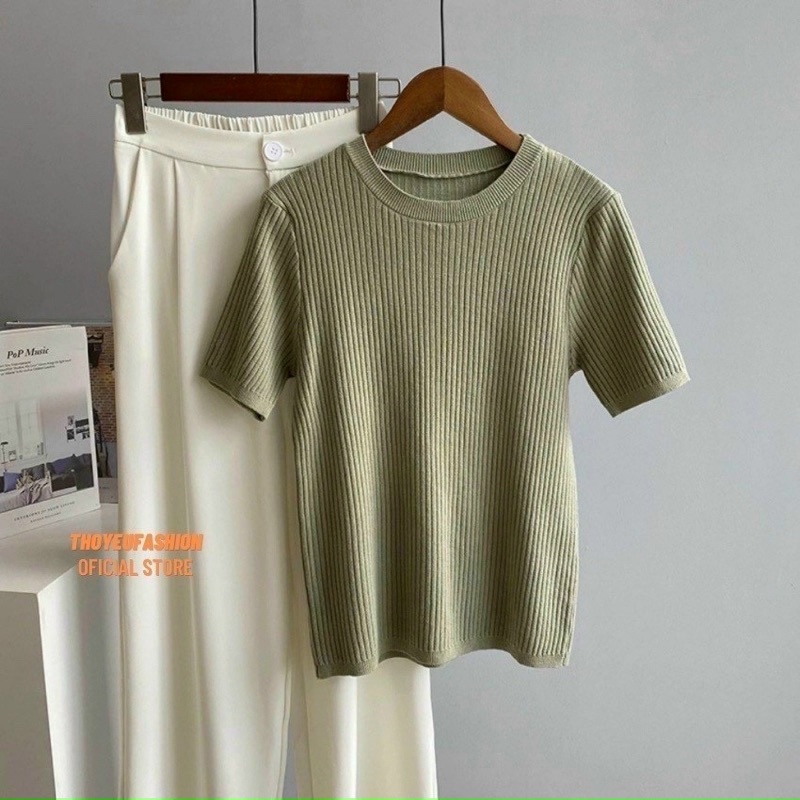 áo thun gân cổ tròn tay ngắn basic nhiều màu siêu xinh