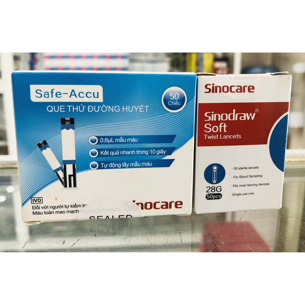 COMBO 50 Que thử đường huyết + 50 kim lấy máu Safe Accu- Sinocare