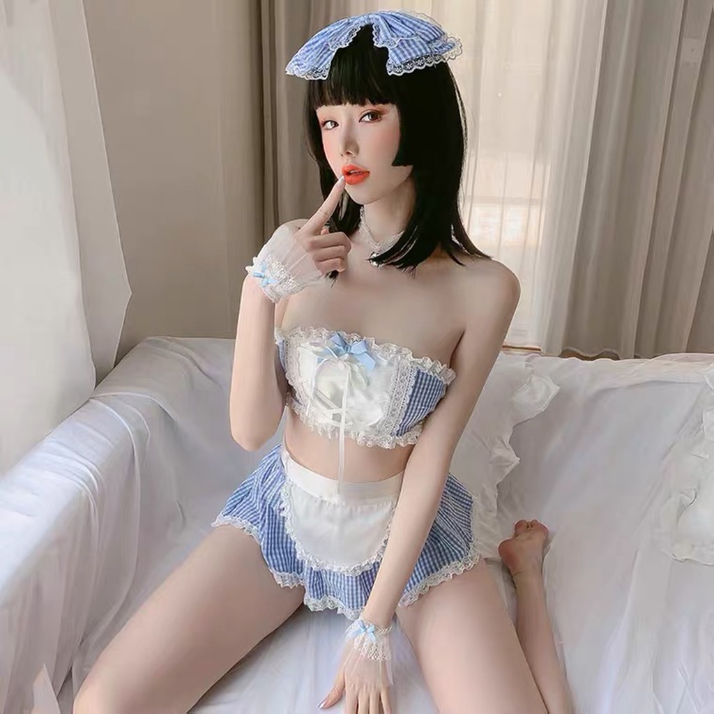 Đồ ngủ cosplay sexy nàng hầu gái croptop xanh caro gợi cảm 1526