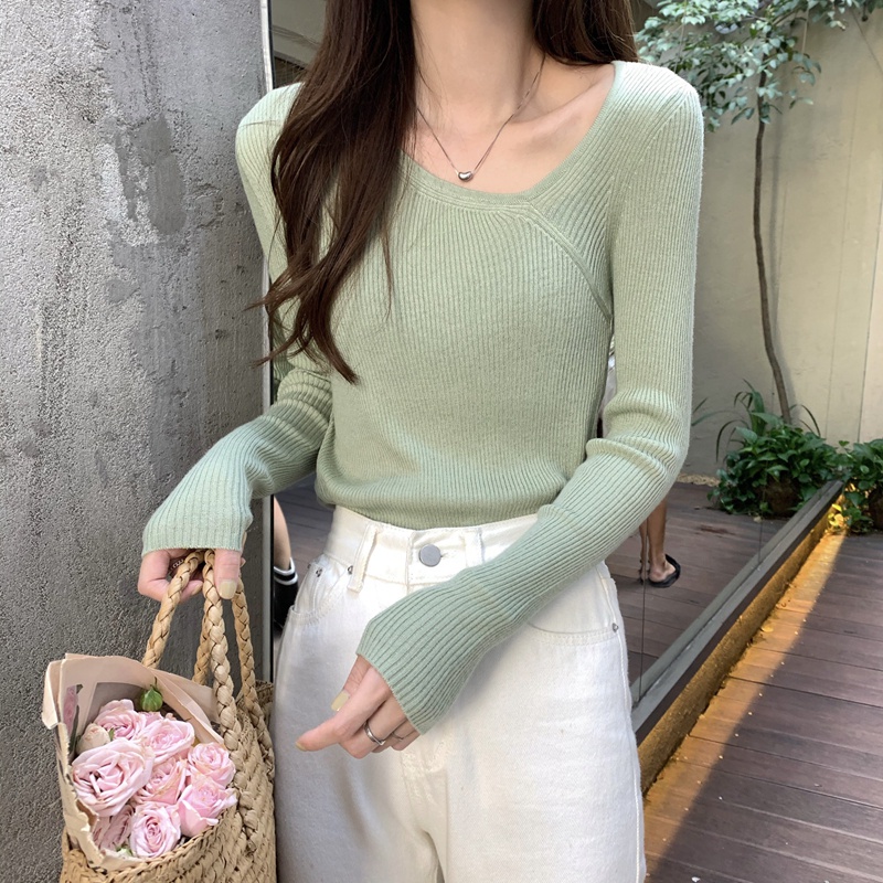 【out of stock】Áo dệt kim 45504 tay dài cổ lệch màu trơn phong cách thanh lịch dễ thương cho nữ | BigBuy360 - bigbuy360.vn