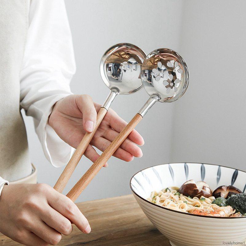 Muỗng múc canh bằng thép không gỉ tay cầm gỗ chống nóng phong cách Nhật Bản