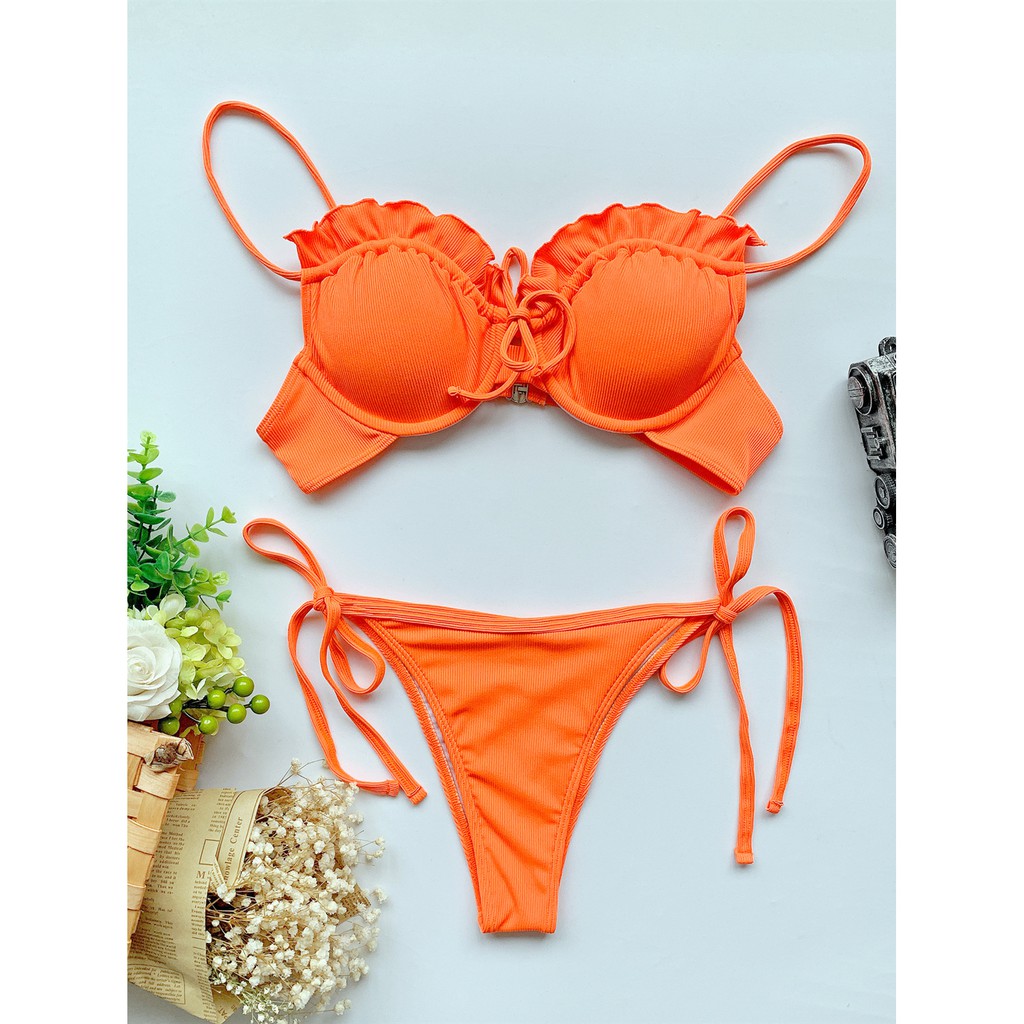 [BKN1344] <ÂU> SET BIKINI CAM/NÂU ĐỎ VẢI GÂN BÈO NGỰC (CÓ GỌNG) | BigBuy360 - bigbuy360.vn