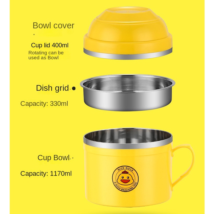 Có Bát Để Canh Bọc Nhựa Bên Ngoài,Bộ hộp cơm tiết kiệm Tô Ăn Mì Ăn Liền Bằng Thép Không Gỉ 304 Họa Tiết Vịt Hoạt Hình Dành Cho Học Sinh
