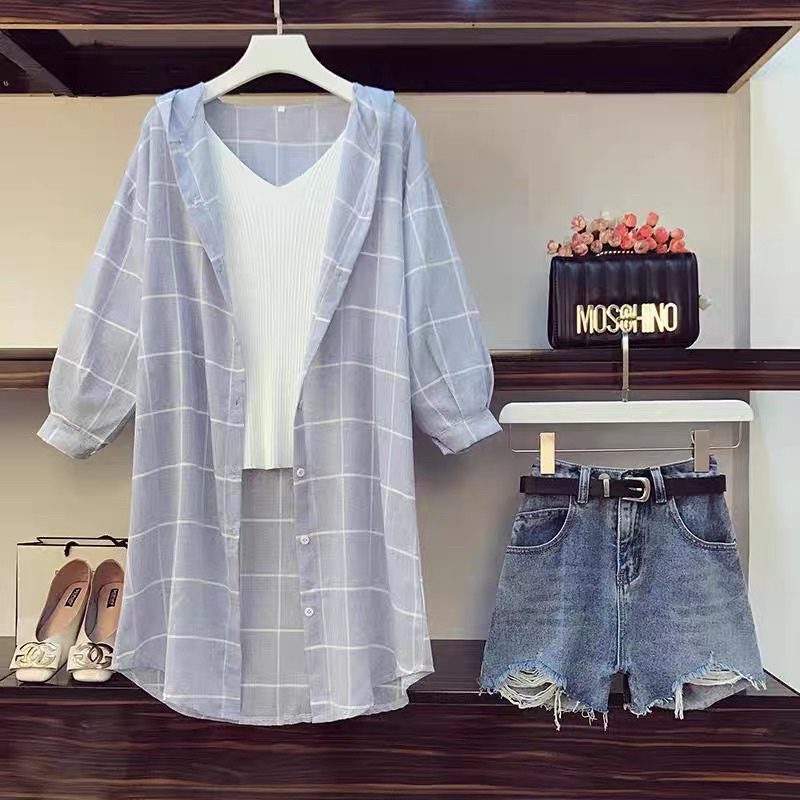 Áo Khoác Sơ Mi Kẻ Sọc Tay Bồng Có Mũ