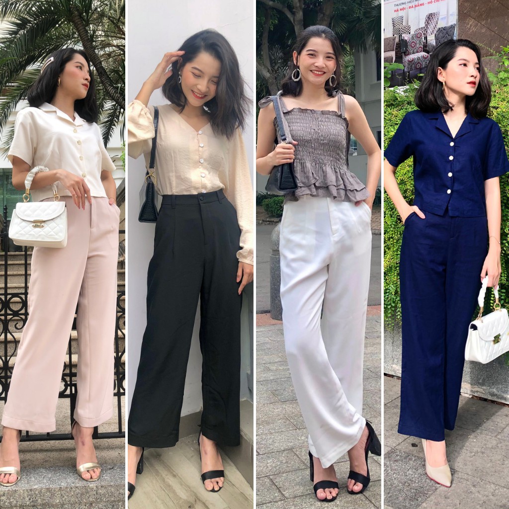 Quần ống rộng nữ lưng cao nút suông dài lưng thường (ko thun sau) 4 màu