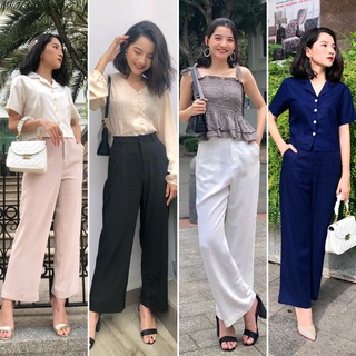 Quần ống rộng nữ lưng cao nút suông dài lưng thường (ko thun sau) 4 màu