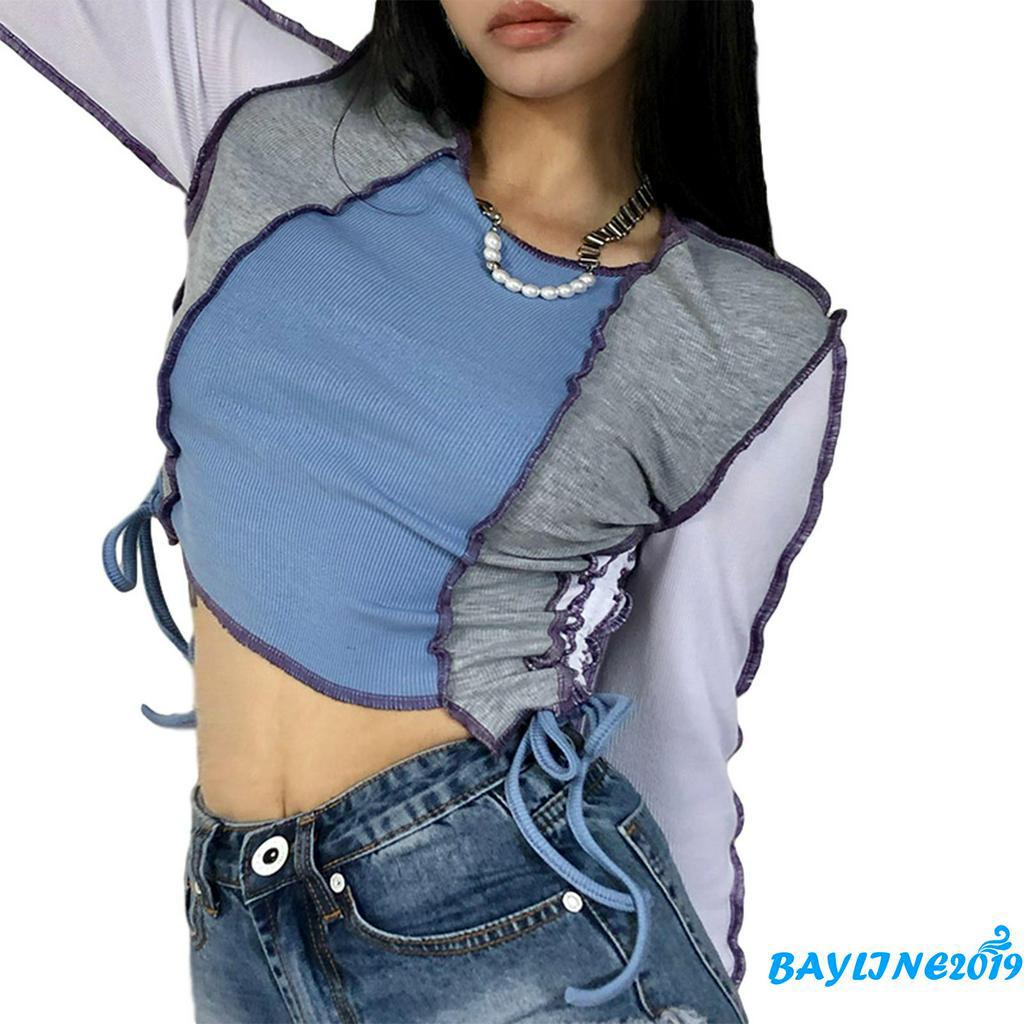 Áo Croptop Tay Dài Phối Màu Thời Trang Cho Nữ