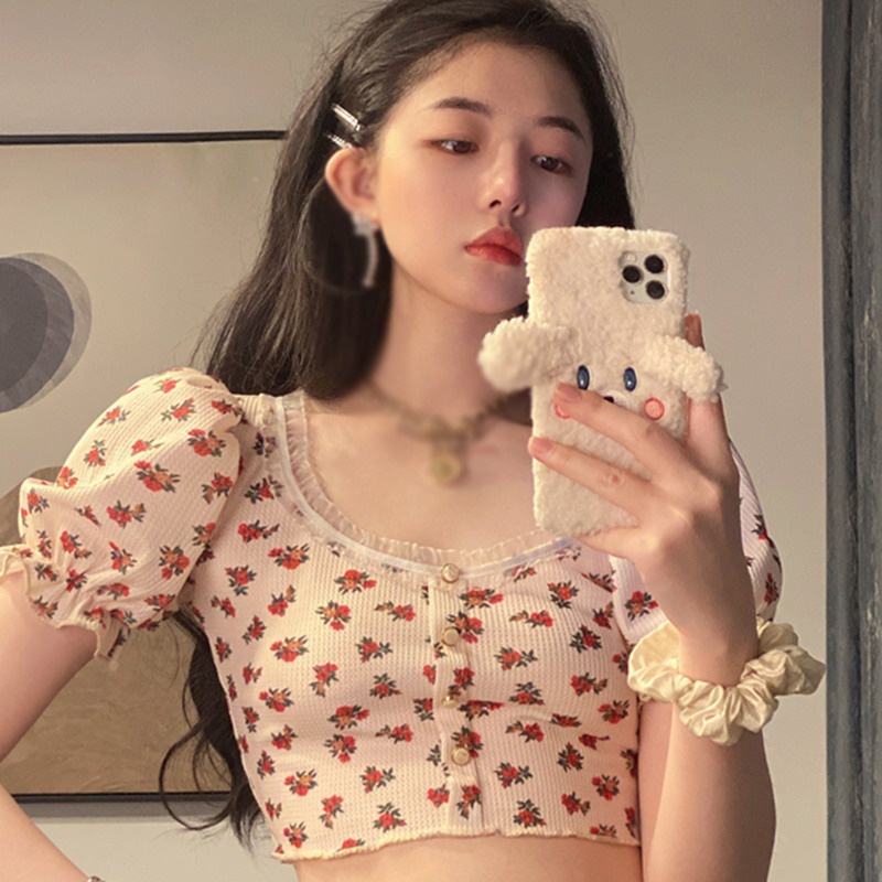 Áo Thun Crop Top Vải Voan Tay Ngắn Phồng Cổ Vuông In Họa Tiết Hoa Phong Cách Retro Hàn Quốc Dành Cho Nữ