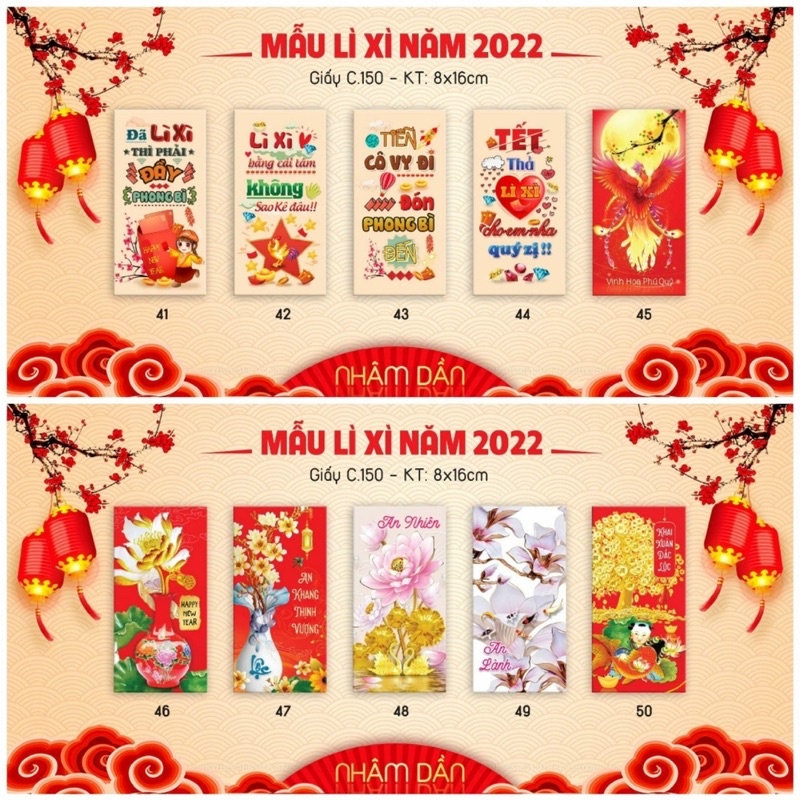 10 Bao Lì Xì Tết 2022 Giá Xưởng Cực Rẻ màu đỏ đẹp hình đa dạng con cọp, thần tài,… dễ thương giấy C150 bóng cứng rõ nét