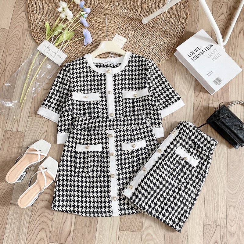 Set dạ ziczac + chân váy phối khuy nấm