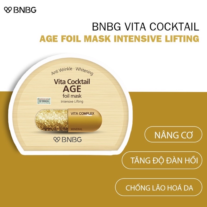 Combo 5 miếng Mặt nạ thiếc vàng Chống Lão Hóa, Giảm Nếp Nhăn BNBG Vita Cocktail Age Foil Mask Intensive Lifting 30ml