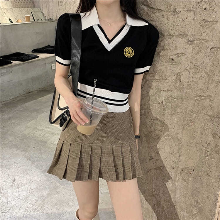 Áo Thun COZOK Dệt Kim Ngắn Tay Cổ Bẻ Phối Màu Tương Phản Cá Tính