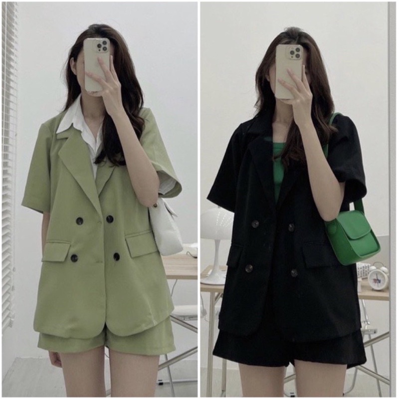 (Hàng Sẵn, Ảnh Thật)Set Áo Blazer Cộc Tay Kèm Quần Chất Kaki♥️Bộ Vest Cộc Quần Đùi Kiểu Dáng Ulzzang Hot | BigBuy360 - bigbuy360.vn
